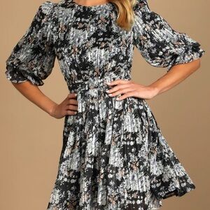 NWT Lulu's Black Floral Print Skater Mini Dress Sz XL Party Wedding  Metallic